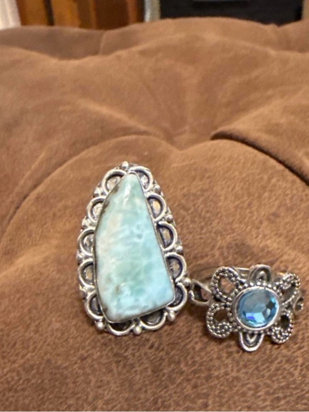 Vintage Style Silver Larimar Ring with Blue Gem Accent